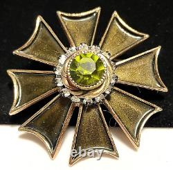 HAR Brooch Rare Vintage 2-1/2 Gilt Green Enamel Rhinestone Pin Signed A25