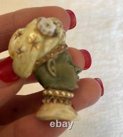 HAR Brooch Rare Vintage 2 Enamel Rhinestone Face Genie Sultan Man Pin Signed