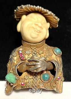 HAR Brooch Rare Vintage 2 Gilt Rhinestone Buddha Asian Man Pin Signed A9