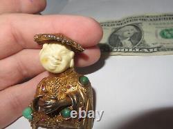 HAR Brooch Rare Vintage Gilt Rhinestone Buddha Asian Man Pin Signed (651T)