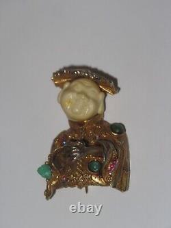 HAR Brooch Rare Vintage Gilt Rhinestone Buddha Asian Man Pin Signed (651T)