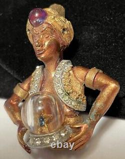 HAR Brooch Rare Vintage Gilt Rhinestone Genie Crystal Ball Pin Signed A32