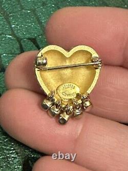 HATTIE CARNEGIE Heart Brooch Pearls Dangle Rhinestones Beautiful! Vintage 1