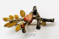 HOBE' Red Rhinestone Enamel Bird on Twig Brooch Signed Vintage Jewelry
