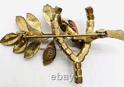 HOBE' Red Rhinestone Enamel Bird on Twig Brooch Signed Vintage Jewelry