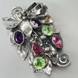 HOBE Sterling Silver Rhinestone Floral Bouquet Bow Brooch Vintage Purple Pink Gr
