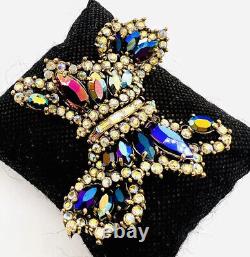 HOLLYCRAFT Carnival & AB Rhinestone Stylized Bow Brooch Signed Vintage Jewelry