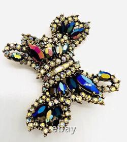 HOLLYCRAFT Carnival & AB Rhinestone Stylized Bow Brooch Signed Vintage Jewelry