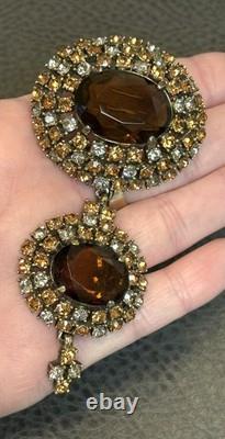 HUGE 3.5 Vintage Faux Topaz Brown Crystal Rhinestone 3 Tier Dome Dangle Brooch