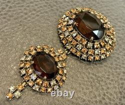 HUGE 3.5 Vintage Faux Topaz Brown Crystal Rhinestone 3 Tier Dome Dangle Brooch