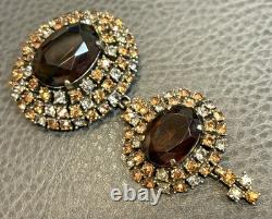 HUGE 3.5 Vintage Faux Topaz Brown Crystal Rhinestone 3 Tier Dome Dangle Brooch