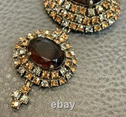 HUGE 3.5 Vintage Faux Topaz Brown Crystal Rhinestone 3 Tier Dome Dangle Brooch