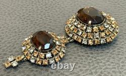 HUGE 3.5 Vintage Faux Topaz Brown Crystal Rhinestone 3 Tier Dome Dangle Brooch