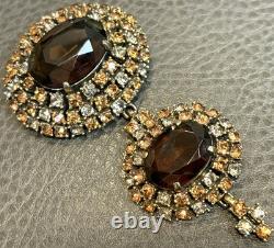 HUGE 3.5 Vintage Faux Topaz Brown Crystal Rhinestone 3 Tier Dome Dangle Brooch