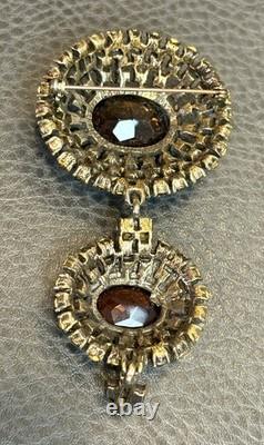 HUGE 3.5 Vintage Faux Topaz Brown Crystal Rhinestone 3 Tier Dome Dangle Brooch