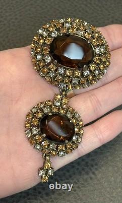 HUGE 3.5 Vintage Faux Topaz Brown Crystal Rhinestone 3 Tier Dome Dangle Brooch