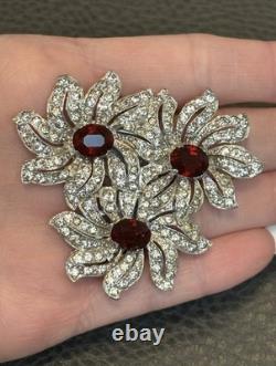 HUGE Art Deco Rhodium Plated Pot Metal Red Rhinestone Dress Clip Flower Brooch
