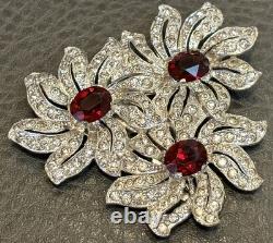 HUGE Art Deco Rhodium Plated Pot Metal Red Rhinestone Dress Clip Flower Brooch