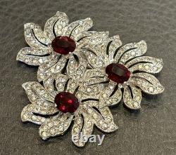 HUGE Art Deco Rhodium Plated Pot Metal Red Rhinestone Dress Clip Flower Brooch