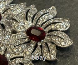 HUGE Art Deco Rhodium Plated Pot Metal Red Rhinestone Dress Clip Flower Brooch