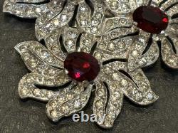 HUGE Art Deco Rhodium Plated Pot Metal Red Rhinestone Dress Clip Flower Brooch