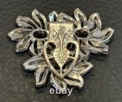 HUGE Art Deco Rhodium Plated Pot Metal Red Rhinestone Dress Clip Flower Brooch