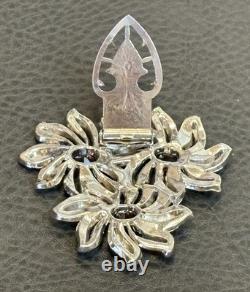 HUGE Art Deco Rhodium Plated Pot Metal Red Rhinestone Dress Clip Flower Brooch