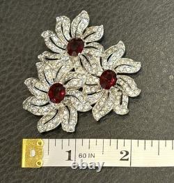 HUGE Art Deco Rhodium Plated Pot Metal Red Rhinestone Dress Clip Flower Brooch