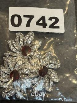 HUGE Art Deco Rhodium Plated Pot Metal Red Rhinestone Dress Clip Flower Brooch