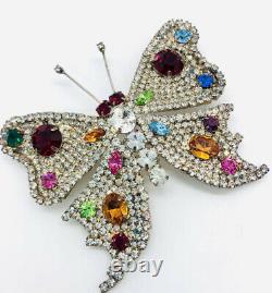 HUGE Multicolored & Pave Set Rhinestone Butterfly Brooch 3 1/4 Vintage Jewelry