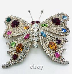 HUGE Multicolored & Pave Set Rhinestone Butterfly Brooch 3 1/4 Vintage Jewelry