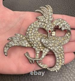 HUGE POT METAL Art Deco Phoenix Gryphon Bird Brooch Silver Tone Rhinestones READ