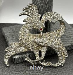 HUGE POT METAL Art Deco Phoenix Gryphon Bird Brooch Silver Tone Rhinestones READ