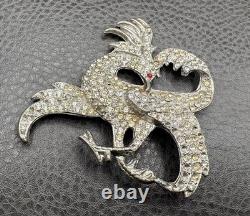 HUGE POT METAL Art Deco Phoenix Gryphon Bird Brooch Silver Tone Rhinestones READ