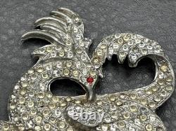 HUGE POT METAL Art Deco Phoenix Gryphon Bird Brooch Silver Tone Rhinestones READ
