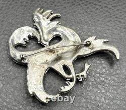 HUGE POT METAL Art Deco Phoenix Gryphon Bird Brooch Silver Tone Rhinestones READ