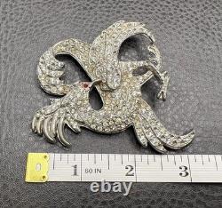 HUGE POT METAL Art Deco Phoenix Gryphon Bird Brooch Silver Tone Rhinestones READ