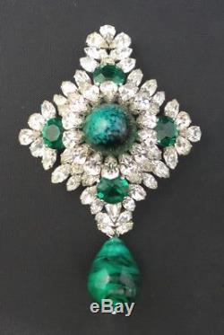 HUGE Vintage 1960 Christian Dior Emerald Green Rhinestone Brooch Pin 4 1/2