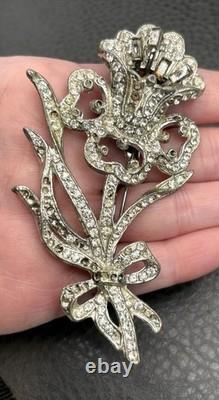 HUGE Vintage Art Deco Pot Metal Rhinestone Iris Flower Brooch Pin READ