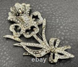 HUGE Vintage Art Deco Pot Metal Rhinestone Iris Flower Brooch Pin READ