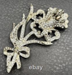 HUGE Vintage Art Deco Pot Metal Rhinestone Iris Flower Brooch Pin READ
