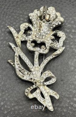 HUGE Vintage Art Deco Pot Metal Rhinestone Iris Flower Brooch Pin READ