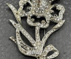 HUGE Vintage Art Deco Pot Metal Rhinestone Iris Flower Brooch Pin READ