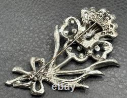 HUGE Vintage Art Deco Pot Metal Rhinestone Iris Flower Brooch Pin READ