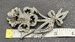 HUGE Vintage Art Deco Pot Metal Rhinestone Iris Flower Brooch Pin READ