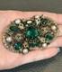 HUGE Vintage Austro Hungarian Filigree Emerald Green Rhinestone Pearl Pin Brooch