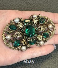 HUGE Vintage Austro Hungarian Filigree Emerald Green Rhinestone Pearl Pin Brooch