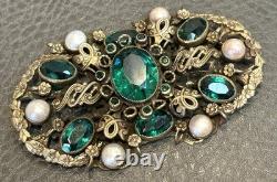 HUGE Vintage Austro Hungarian Filigree Emerald Green Rhinestone Pearl Pin Brooch