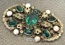 HUGE Vintage Austro Hungarian Filigree Emerald Green Rhinestone Pearl Pin Brooch
