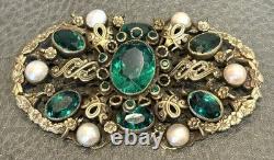HUGE Vintage Austro Hungarian Filigree Emerald Green Rhinestone Pearl Pin Brooch